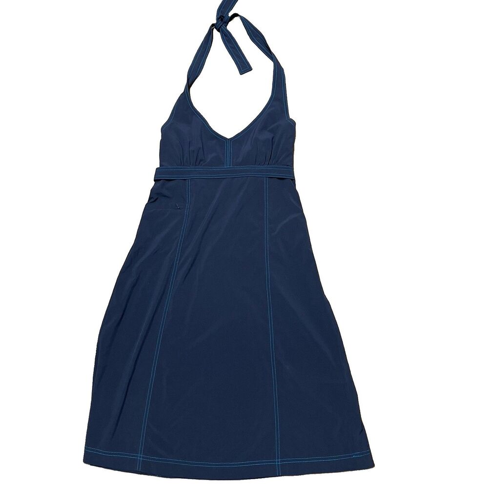 Athleta Navy Blue Halter Dress Size 8 Contrast Stitch A-Line Athletic Casual EUC